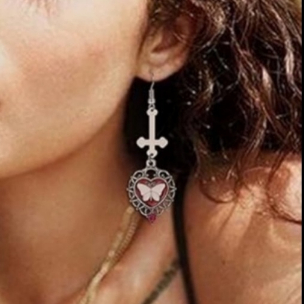 Butterly Pendant & Inverted Cross Gothic Earrings
